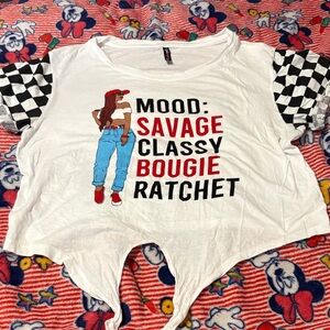 Trendy Graphic Tee with Checkered Sleeves